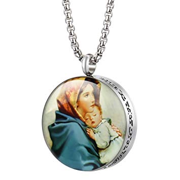 Virgin Mary Religion Essential Oil Diffuser Necklace Stainless Steel Locket Pendant with 8 Color Felt Pads Women Jewelry Gift Set