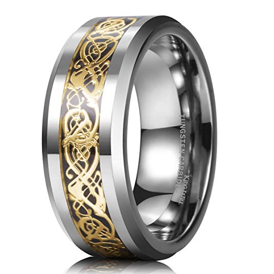 King Will DRAGON 8mm Gold Celtic Dragon Tungsten Carbide Mens Wedding Band Ring Comfort Fit