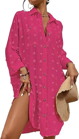 Bsubseach Women Swimsuit Coverup Blouse Button Down Shirt Dresses Swiss Dot Tops