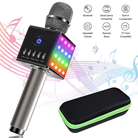 TONOR Wireless Karaoke Microphone, Handhled Bluetooth Speaker Lighting Party Mic for Apple iPhone/Android Smartphones with Zippered Box, Gift for Kids/Singing Fans, Grey