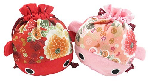 Cute Japanese Kimono Goldfish Drawstring Purse Pouch Bag 7.5" x 6.5" Pink Red