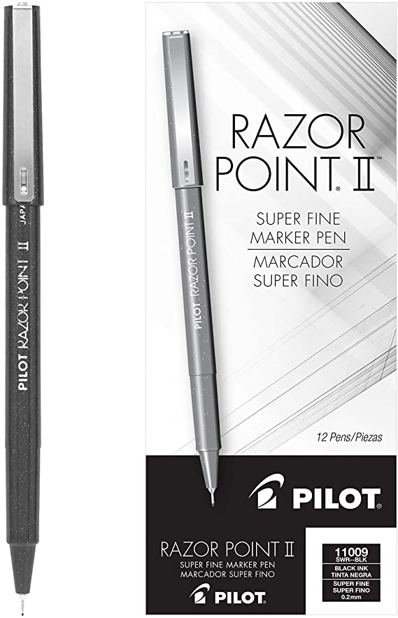 PILOT Razor Point II Fine Line Marker Stick Pens, Super Fine Point (0.2mm) Black Ink, 12-Pack (11009)