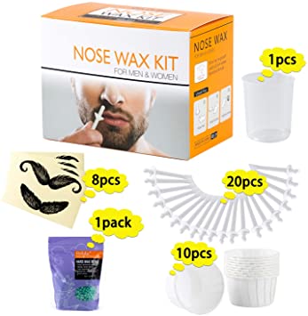 H/E Nose Wax Nose Waxing Kit Nose Hair Removal Wax for Men & Women Nose Hair Wax Kit for Salon & Home Include 100g Wax 20 Pcs Wax Applicators 10 Nose Wax Pod 8 Moustache Stencils 1 Measuring Cup