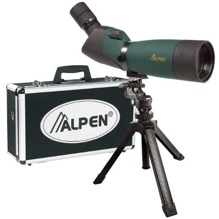 ALPEN Waterproof Fogproof Spotting Scope Kits. Straight or 45 Degree Models with BAK4 High Index Glass, Fully Multi-Coated Optics, Aluminum Foam Filled Locking Travel Case, and Table Top Tripod. Car Window Mount included with some Kit Models.