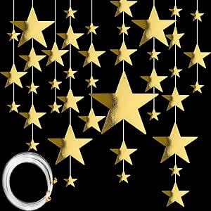 Boao Gold Cardboard Stars Star Cutouts Hanging Glitter Foil Star Metallic Star Cutouts (6cm/ 12cm/ 20cm/ 30cm) and 50m Nylon Beading Fishing Line Star Decorations(Gold, 48 Pcs)