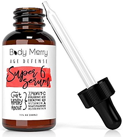 Body Merry Super 6 Serum- w Vitamin C 22% + 20% Hyaluronic Acid + 2. 5% Retinol + CoQ10 for 6X Anti-Aging Benefits w Best Natural Astaxanthin & Niacinamide to Fight Wrinkles, Fine Lines, Acne & Spots