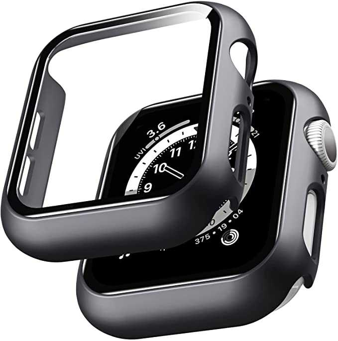 LϟK 2 Pack Case for Apple Watch 45mm Series 7 with Built in Screen Protector Tempered Glass All Around Hard PC Protective High Definition Clear Cover for iWatch 45mm Series 7 - Black