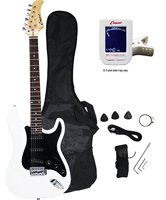 Crescent EG-WT 39" Electric Guitar Starter Package - White Color (Includes Bonus CrescentTM Digital E-Tuner)