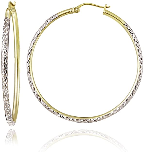 Hoops & Loops - Sterling Silver Two Tone Diamond Cut Click Top Hoop Earrings Sizes 25mm - 50mm