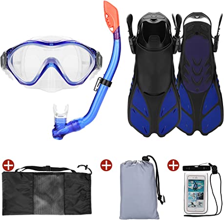 Odoland 6-in-1 Kids Snorkeling Packages Snorkel Set, Anti-Fog and Anti-Leak Full Face Snorkel Mask with Adjustable Swim Fins, Beach Blanket and Waterproof Case for Juniors, Boys and Girls Age 9-15