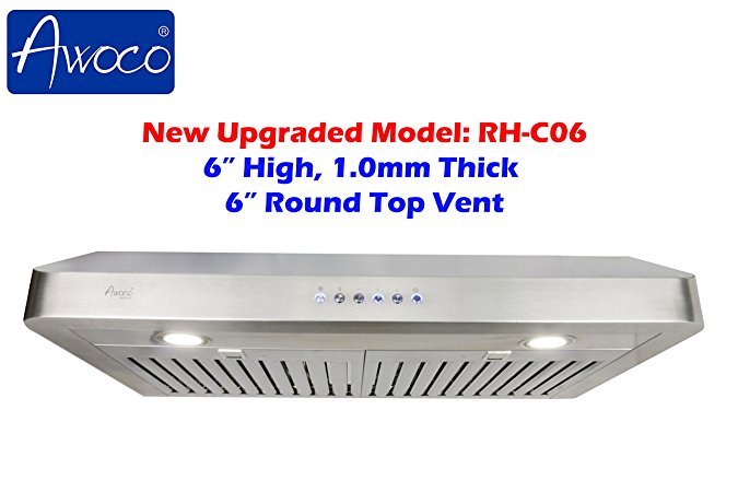 Awoco RH-C06-36 Classic 6" High 1mm Thick Stainless Steel Under Cabinet 4 Speeds 900CFM Range Hood with 2 LED Lights, 6" Round Top Vent - 36" Width