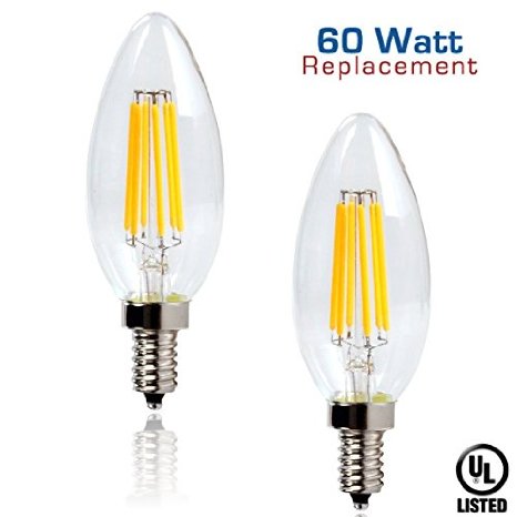 Luxrite LR21204 (2-Pack) 6W LED Filament Candelabra Bulb, 60W Equivalent LED Candle Bulb, Warm White 2700K, 650 Lumens, 270° Beam Spread, Torpedo Shape, E12 Base