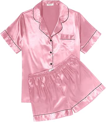 Ekouaer Womens Silk Satin Pajama Sets Soft Short Sleeve Button Down Sleepwear Top and Shorts 2 Piece Pjs Lounge Set S-XXL