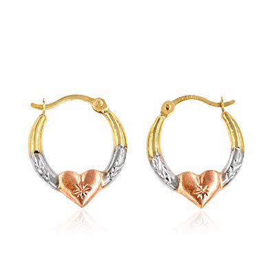 10K Gold Three-Tone Heart Creole Hoop Earrings