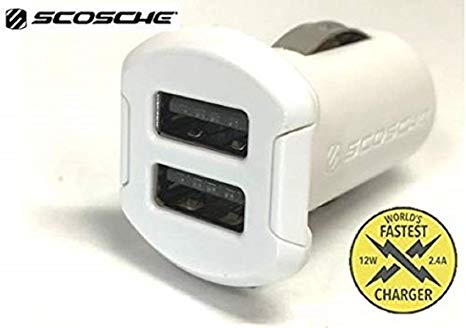 SCOSCHE USBC242MWT Revolt Compact Dual Port USB High Speed Universal Car Charger with Illuminated LED Backlight - 12 Watts/2.4 Amps Per Port (24W/4.8A Total Output) - White