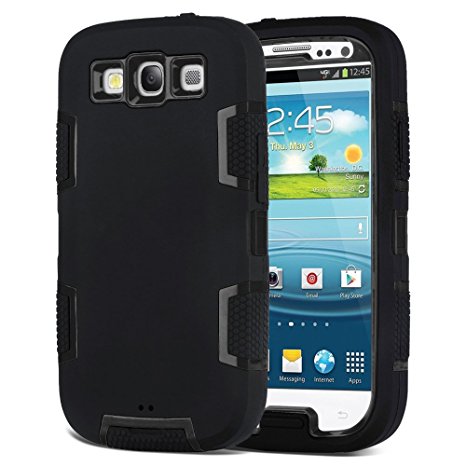 Galaxy S3 Case, S3 Case - ULAK Anti-slip 3in1 Shockproof S3 Case Hybrid Dust Scratch Shock Resistance Cover Rubber Combo Case for Samsung Galaxy S3 III i9300 [Rigid Plastic Soft Silicone] (Black)