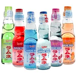 UNHA'S ASIAN SNACK BOX Ramune Japanese Marble Soda Variety Pack - Multiple Flavors - Original, Strawberry, Blueberry, Melon, Lychee, and Orange, Japanese Drink Gift Box (6 Count)