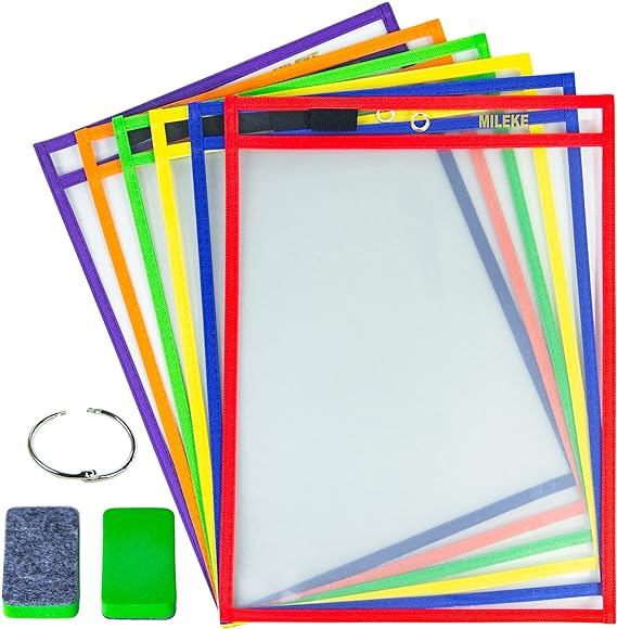 MILEKE Dry Erase Pockets, Clear Plastic Dry Erase Sleeves, A4 Dry Erase Sheets for Teaching & Drawing, Heavy Duty Paper Protector Sheet & Card Pouch & Ticket Holder, 6 Assorted Colors/Pack