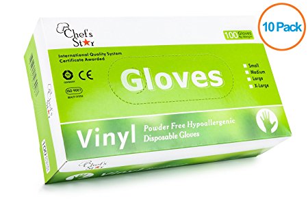 Chef's Star Disposable General Purpose Vinyl Gloves - Powder Free - Size Medium - 100 Gloves Per Box - 10 Pack