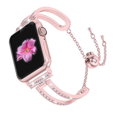 Wearlizer Rose Gold Compatible with Apple Watch Band 38mm 40mm Womens iWatch Bling Jewelry U-Type Dressy Wristband Steel with Rhinestone Bangle Replacement Strap Metal Bracelet Chain Series 4 3 2 1