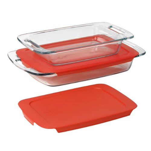 Pyrex  Easy Grab 4-Piece Value Pack, includes 1-ea 3-qt Oblong, 2-qtOblong, Red Plastic Covers