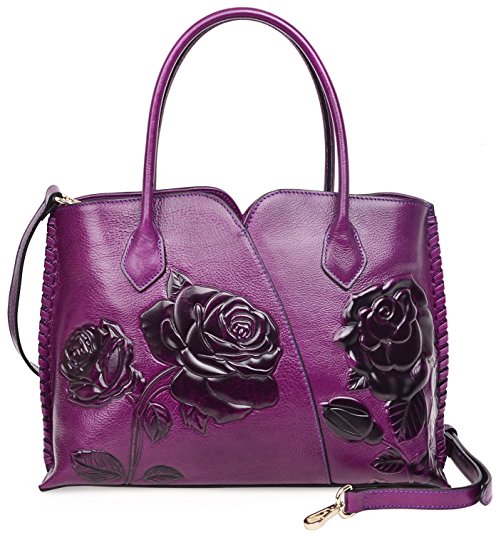 PIJUSHI Genuine Leather Top Handle Bags Floral Satchel Handbag Shoulder Purses