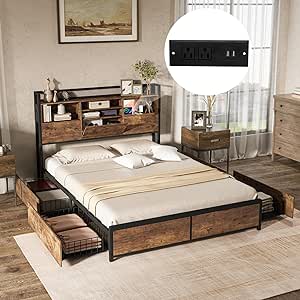 Giantex Queen Bed Frame with 4 Storage Drawers and Bookcase Headboard, Industrial Bed Frame with Charging Station, Heavy Duty Slats Support, No Box Spring Needed, Metal Queen Platform Bed with Storage