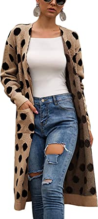PERSUN Women's Leopard Print Long Sleeve Long Knitted Casual Cardigan Open Front Warm Outwear Sweater with Pockets