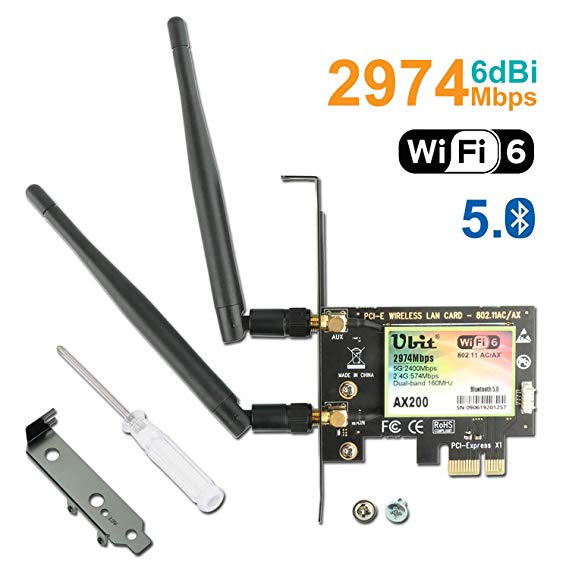 Gigabit WiFi Card, 802.11 AX/AC Superspeed 2974Mbps, Ubit Wi-Fi 6 AX200 Chip, PCIe Wireless Dual-Band （5GHz/2.4GHz） Network Card, Bluetooth 5.0 PCI-E Adapter with 2X 6dBi Antenna for PC