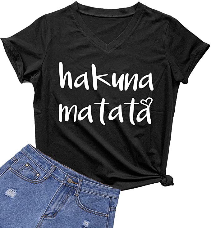 MIMOORN Womens V Neck Hakuna Matata T-Shirt Cute Letter Print Short Sleeve Funny Graphic Tees