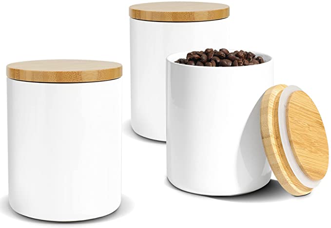 ComSaf Ceramic Food Storage Canisters with Airtight Bamboo Lid (17oz/500ml) Set of 3, White Food Storage Jar Containers with Seal Wood Lid for Kitchen Pantry Serving Flour, Sugar, Cereal and Snacks