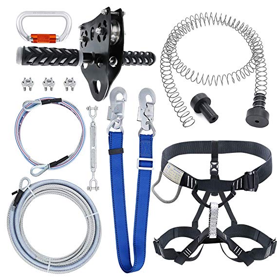 98 Feet Zip Line Kit for Kids and Adult Up to 350 lb with Zipline Spring Brake and Safety Harness, Zip line Trolley with Handle for Backyard Playground Entertainment