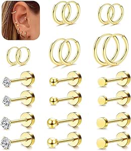 LOLIAS Small Hypoallergenic Flat Back Stud Earrings for Women Men 14K Gold Plated Surgical Stainless Steel Earring Sets Tiny Screw Back Cartilage Earring