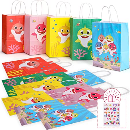 EPS 66 Pcs Baby Shark Party Favors (16 Bags, 50 Tattoos) Goodie Candy Kids Treat Paper Bag, For Boy Girl Gift Favor bags