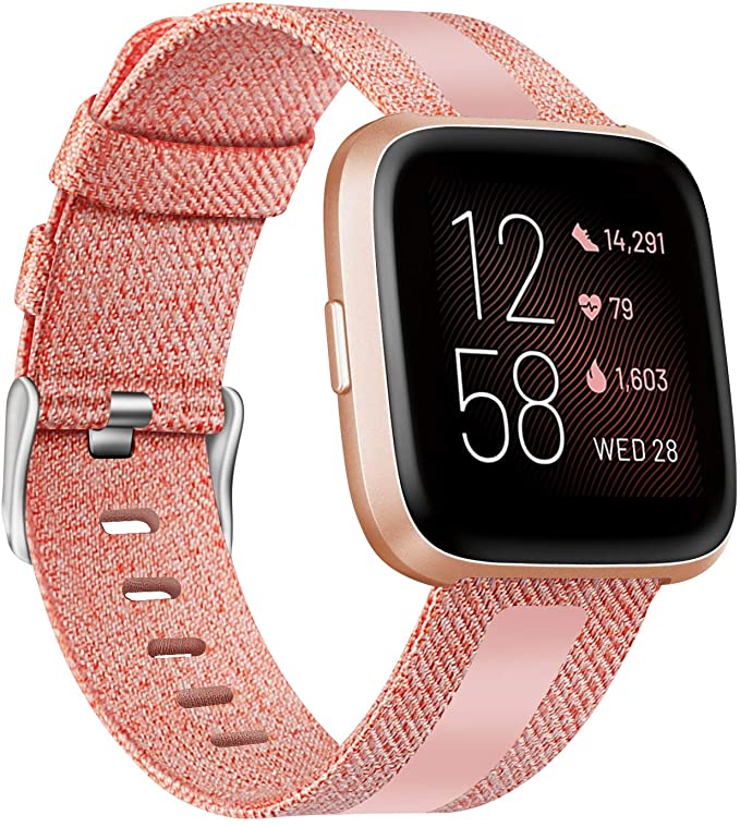 Fintie Bands Compatible with Fitbit Versa 2 / Versa Lite/Versa, Breathable Woven Fabric Strap Reflective Strip Replacement Wristband Compatible with Fitbit Versa Smart Watch, Pink, Orange