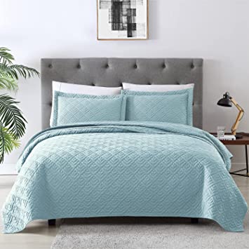 EXQ Home Quilt Set Full/Queen Size Coral Blue 3 Piece,Lightweight Soft Coverlet Modern Style Squares Pattern Bedspread Set for All Season(1 Quilt,2 Pillow Shams)