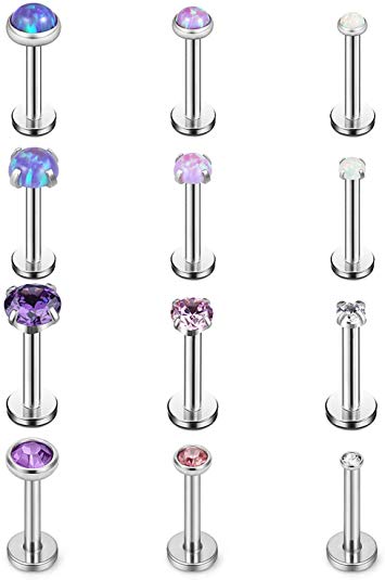 Ruifan Opal Jeweled Internally Threaded Stainless Steel Labret Monroe Lip Ring Tragus Helix Earring Stud 16G 5/16" 8mm 3-12PCS