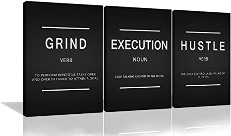Urttiiyy 3 Pieces Grind Verb Hustle Verb Execution Noun Motivational Wall Art Canvas Print Office Decor Inspiring Framed Prints Inspirational Quotes for Wall Art Decoration Ready to Hang