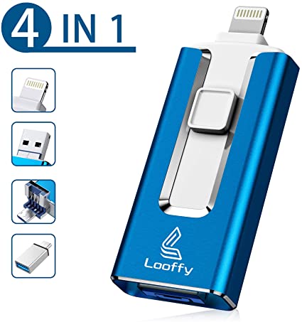 USB Flash Drive for iPhone, 128GB 4 in 1 Memory Stick Looffy USB 3.0 Type C Thumb Drive for Photos, iOS Photostick Mobile External Storage Compatible with iPhone/MacBook/iPad/OTG Android/PC(Blue)