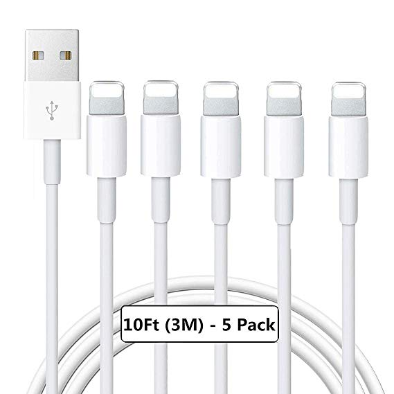 Charging Cables, CATTREE 10FT (3M) Phone Charger Cords Extension Extra Long Fast Charging Syncing USB Cable Power Data Lines Compatible with Phone XR XS MAX X 8 7 Plus 6s 6plus 5s 5c 5 Durable 5 Pack