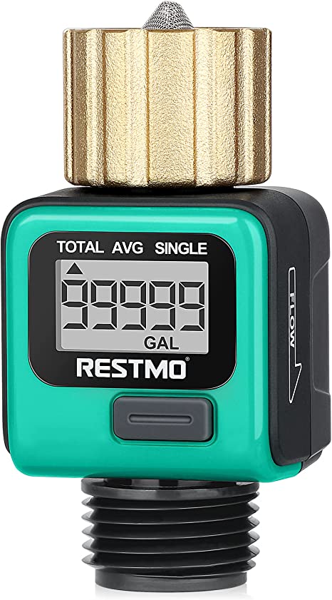 RESTMO Water Flow Meter with Brass Inlet Metal Thread, Measure Gallon/Liter Consumption and Flow Rate for Outdoor Garden Hose Watering, RV Water Tank Filling, Lawn Sprinkler and Nozzle Sprayer