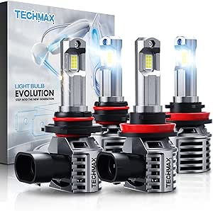 TECHMAX 9005+H11 Light Bulbs Combo, HB3+H8/H9 Fog Light Bulbs w/Fan 600% Bright 6500K Wireless Direct Insertion Plug and Play, Pack of 4