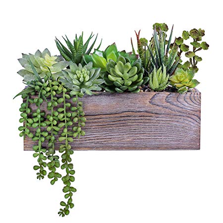 Supla Rustic Wood Pre-Potted Fake Succulent Planter Artificial Pre-Made Succulent Wood Planter Arrangement 11 Pcs Assorted Artificial Succulent Plants in Rectangular Brown Wooden Planter Box