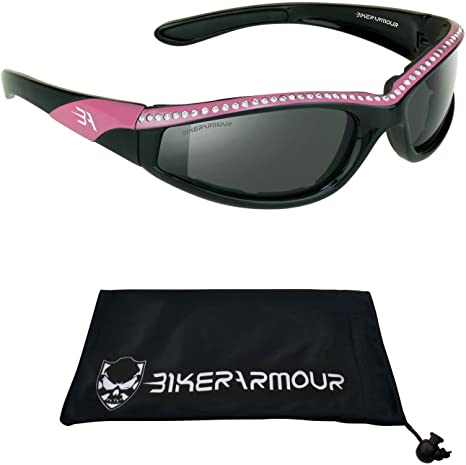 Rhinestone Pink Frame Motorcycle Sunglasses Foam Padded for Women.