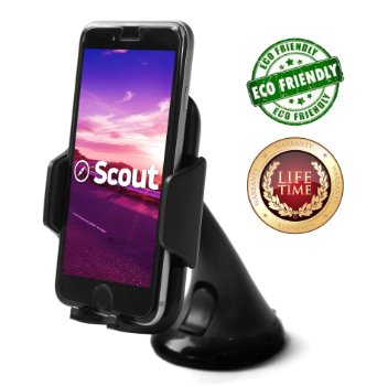 Lifetime Warranty Scout Car Phone Holder for Cell Phone Car Mount iPhone 6s Plus 5s 5c Samsung Galaxy S6 Edge Plus S6 S5 S4 Note 5 4 3 Google Nexus 5 4 LG G4 Black
