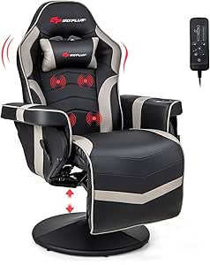 Goplus Gaming Chair, Height Adjustable Massage Video Game Chair with Retractable Footrest, Cup Holder, Headrest, Swivel Office Chair, Racing Style Swivel Gamer Chair