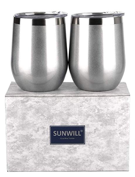 SUNWILL Insulated Wine Tumbler with Lid Silver 2 pack, Double Wall Stainless Steel Stemless Insulated Wine Glass 12oz, Durable Insulated Coffee Mug, for Champaign, Cocktail, Beer, Office