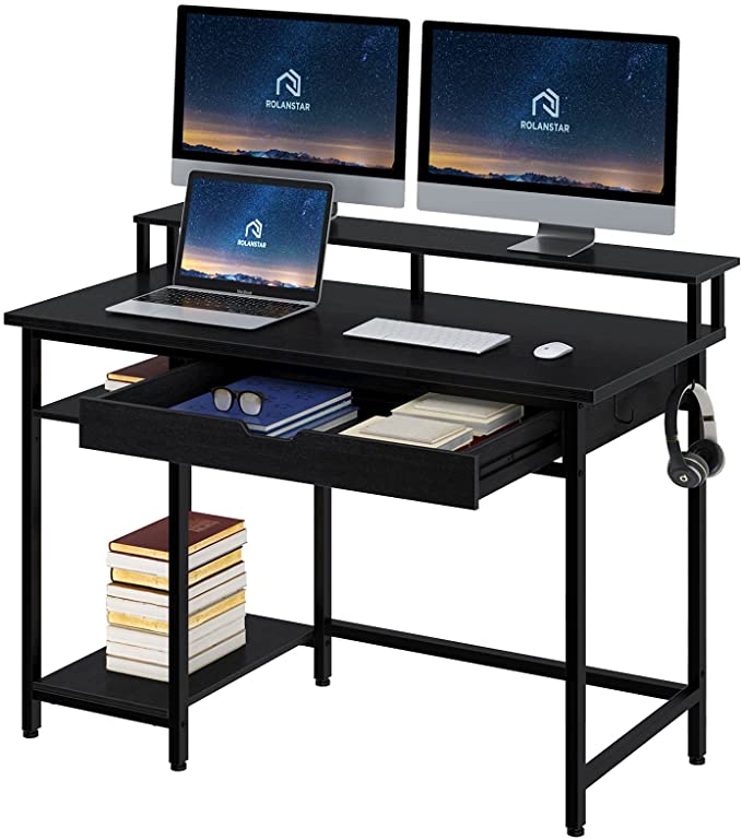 Rolanstar Computer Desk with Monitor Stand and Drawer, 39" Home Office Writing Desk, Study Table Workstation,Stable Metal Frame, Business Style, Black