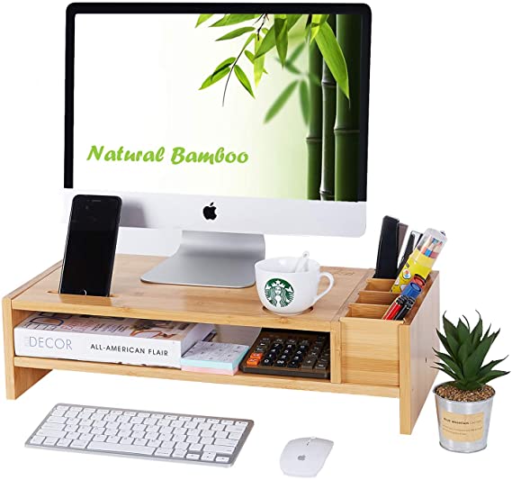 2-Tier Bamboo Monitor Stand | Wood Desk Organizers and Accessories | Laptop Computer Monitor Riser with Adjustable Storage Accessories