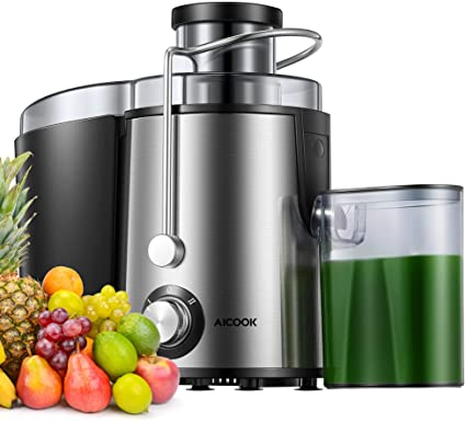 Juicer, AICOOK Juicer Machine with Wide Feed Chute for Whole Vegetable and Fruit, Easy to Clean & Non-Drip Function, Stainless Steel Juicer Extractor with 2 Speed Mode, Recipe & BPA-Free